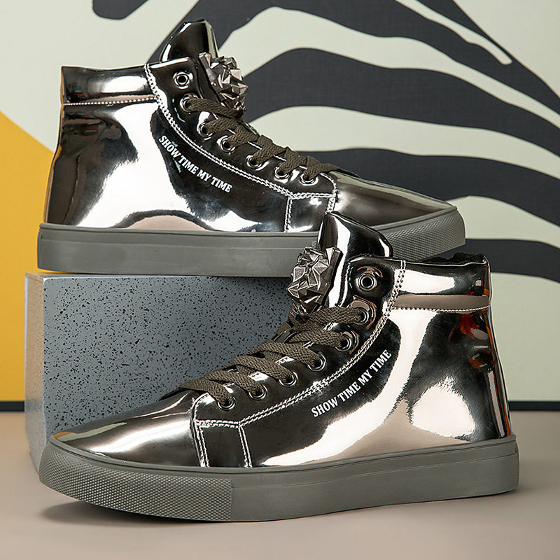 Giày sneaker nam cổ cao da bóng phong cách Hàn Quốc, giày thể thao thời trang cá tính — Bạc, màu xanh, màu đen, màu đỏ