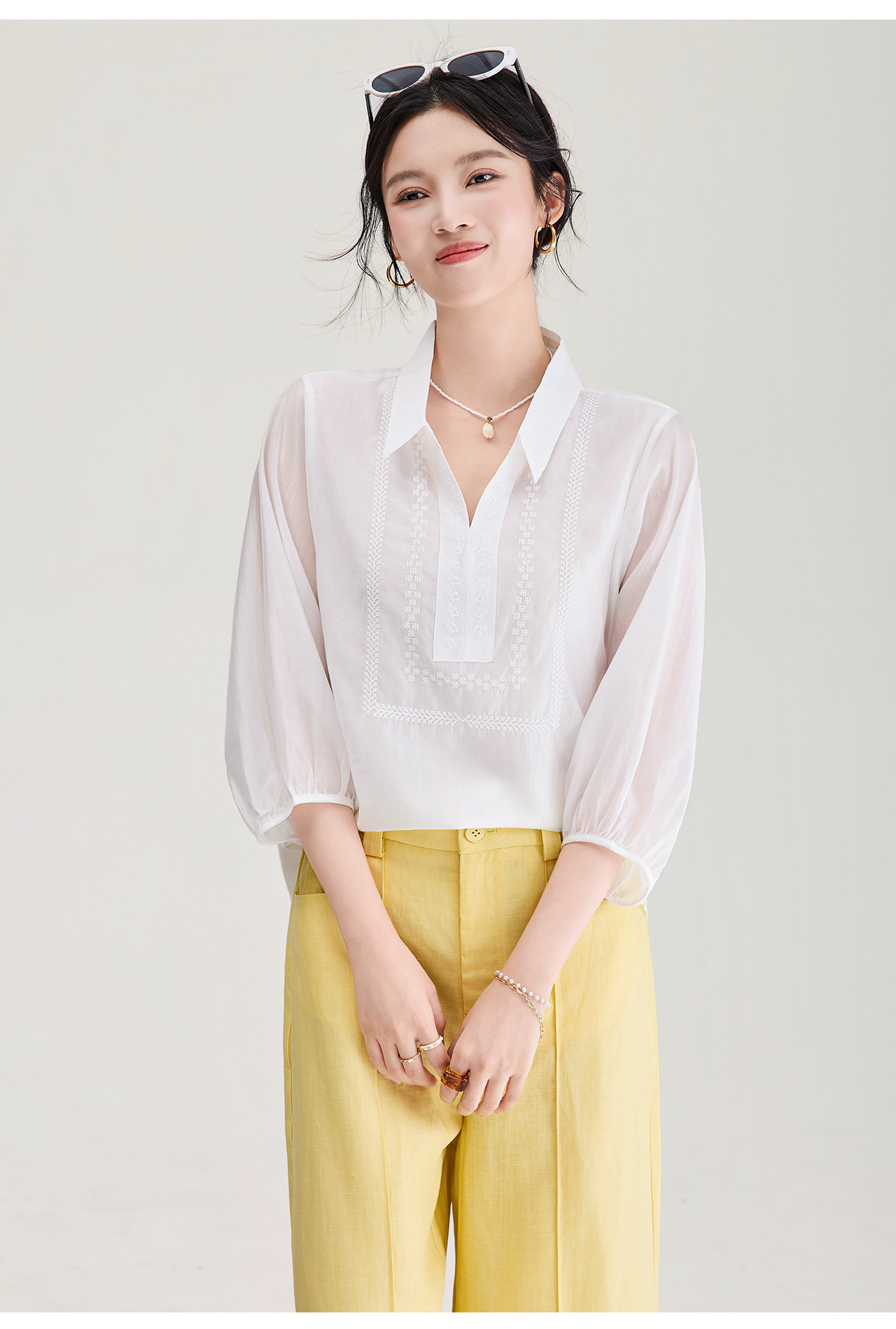 Áo sơ mi nữ tay lỡ thêu hoa tay chất liệu tencel cao cấp — màu trắng chi tiết 18
