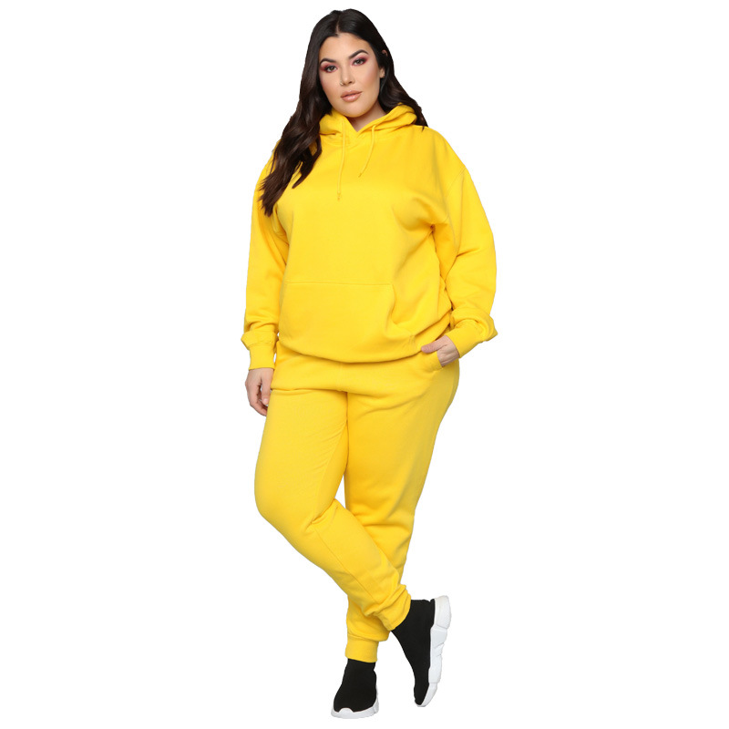 OY128 Amazon Cross-border New Product Loose Casual Solid Color Hooded Long Sleeve Sweater Suit European And American Plus Size Women's Clothing