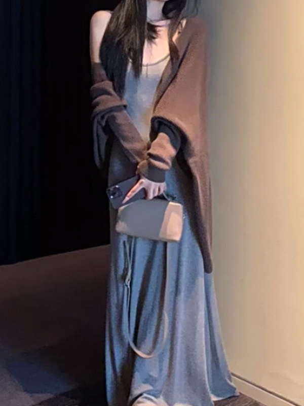 槿一 绵羊毛混纺蝙蝠袖慵懒风气质针织开衫女秋季百搭休闲外套潮|undefined