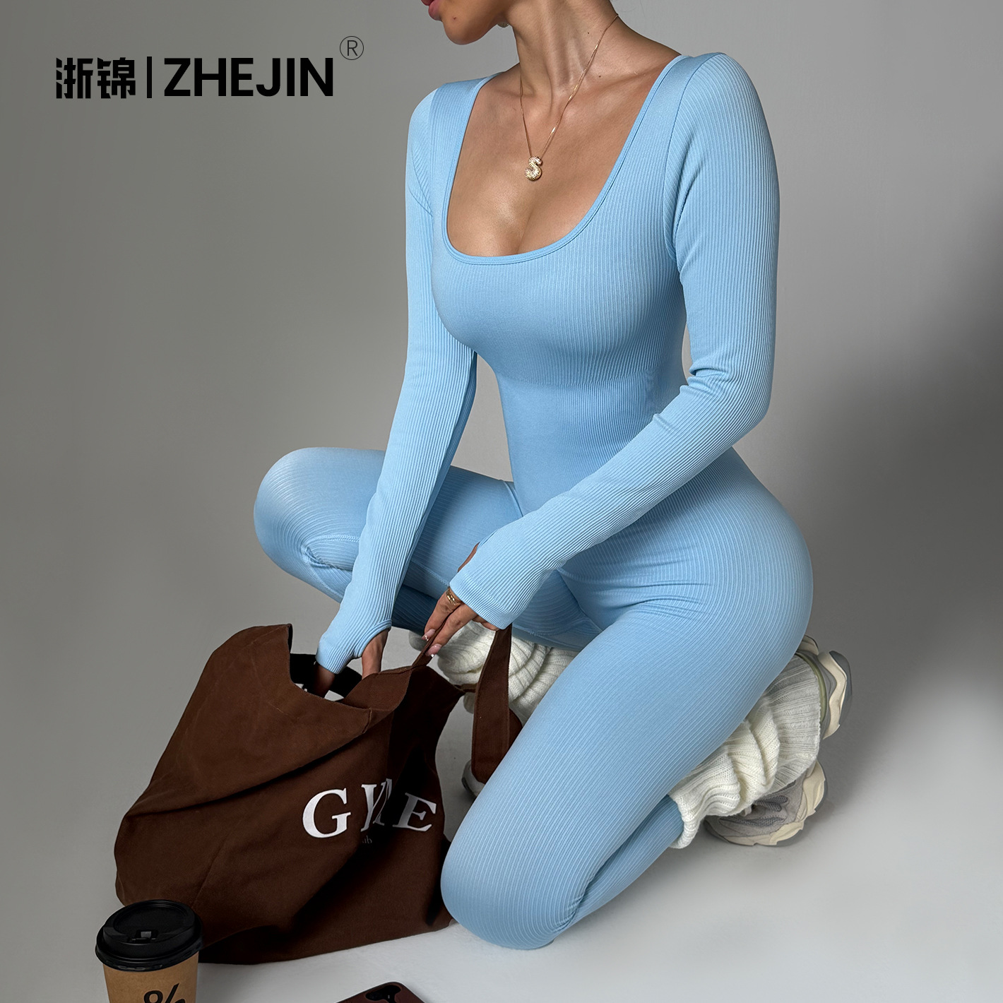 [Zhejiang brocade] European and American one-piece sports yoga jumpsuit long sleeve quick-drying tight fitness one-piece yoga suit