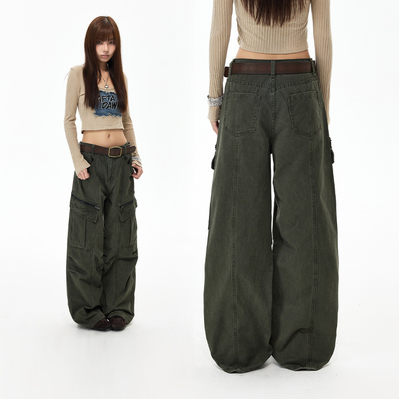2026 early autumn new American-style distressed army green zippered pocket pleated deconstructed women's straight-leg work pants 2026 early autumn new American-style distressed army green zippered pocket pleated deconstructed women's straight-leg work pants