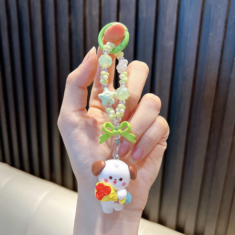 로맨틱한 흰색 강아지 키링 - 그린