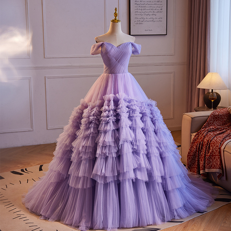 Purple Fairy Evening Dress Dress Women's Piano Playing Tutu Dress One-Shoulder Noble Princess Travel Photography Light Wedding Dress