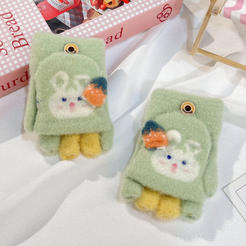 Otoño y invierno niños excavadora impresa dibujos animados adorables medio dedo flip escritura guantes de lana guantes calientes