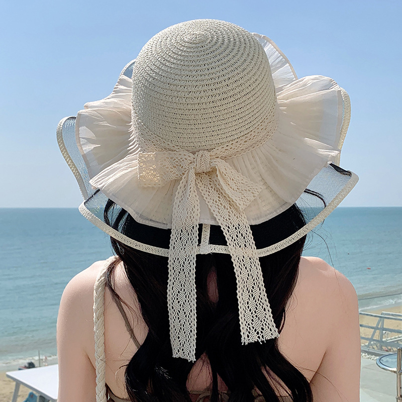 Sombrero de paja con lazo – estilo veraniego, ala ancha, para playa o vacaciones al aire libre