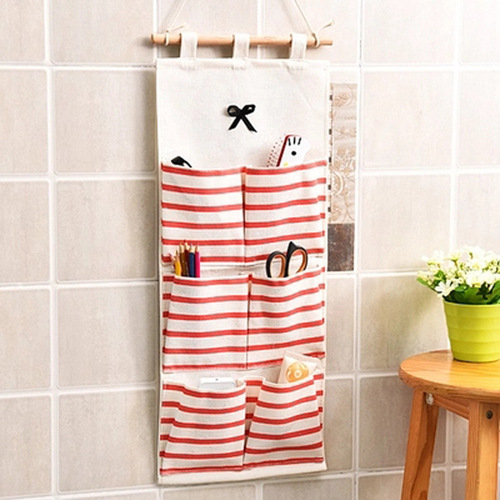 Factory Direct Sale Striped Six-Bag Eight-Bag Bowknot Storage Bag Kitchen Bathroom Wall-Mounted Cotton Linen Hanging Bag