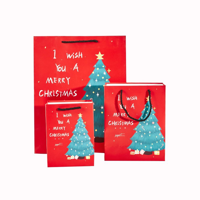 En stock bolsa de regalo de Navidad Nochebuena bolso de cartón blanco de alto sentido bolsa de regalo de dibujos animados directo de fábrica al por mayor