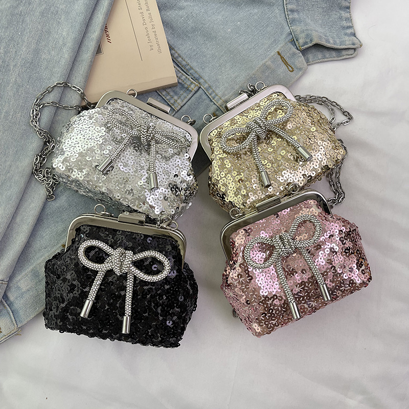 Bolso de hombro de niña con lentejuelas de moda, lindo lazo, clip, mini bolso de mensajero para bebé, nuevo bolso de cadena para niños