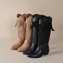 复古牛仔靴女流苏2025新款长筒靴时尚不过膝显瘦粗跟高跟骑士靴