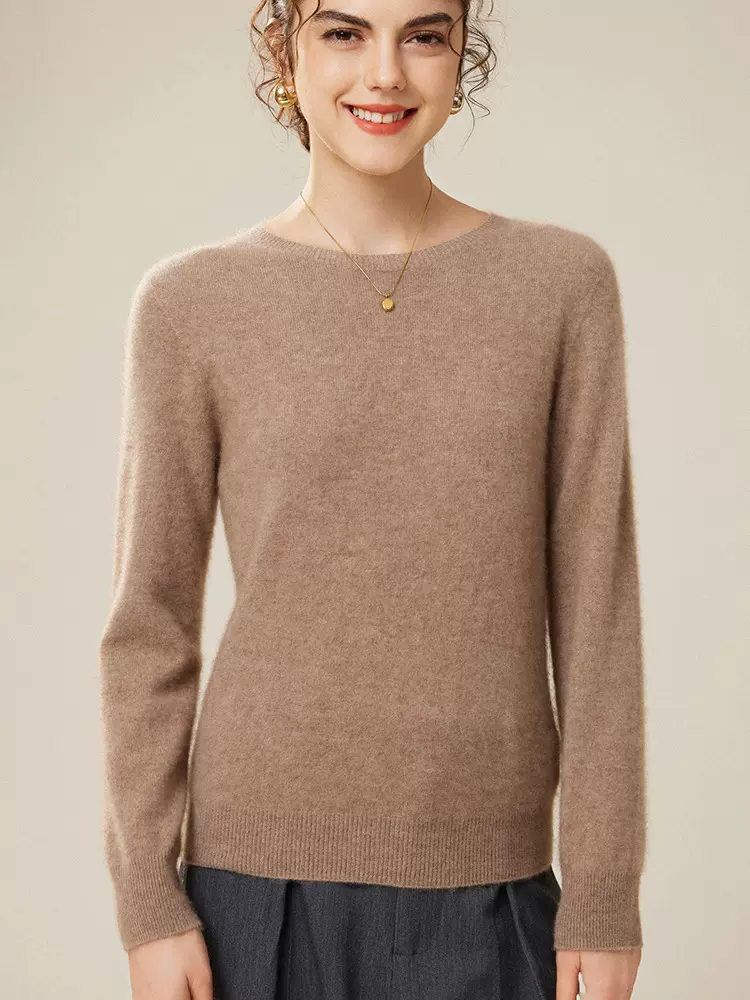 100%纯山羊绒衫女一线成衣圆领套头衫宽松基础平面针织衫打底毛衣