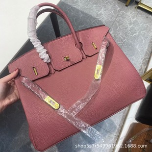 Tag + Small Lock) Litchi Pattern Cowhide Leather Platinum Bag Women's Portable Crossbody Shoulder Gold Buckle Vintage Classic