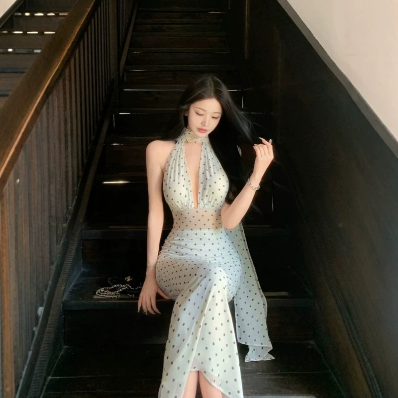 Polka Dot Brandy Backless Polka Dot French-Style Dress for Women, High-End, Elegant, Halter Neck Tie-Up Gown, Long Dress Polka Dot Brandy Backless Polka Dot French-Style Dress for Women, High-End, Elegant, Halter Neck Tie-Up Gown, Long Dress