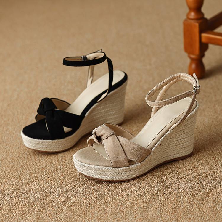 Sandal cao gót nữ hở mũi đế xuồng đan rơm, gót 9 cm — màu đen, màu mơ chi tiết 12