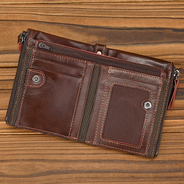 Men's Cowhide Men's Wallet Genuine Leather Short Rfid Anti-Theft Double Zipper Coin Purse Men's Wallet Export Hot Style
