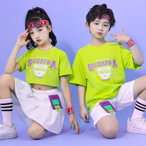 Girls boys green cheerleader uniforms jazz dance costumes for children rapper hip hop street dance outfits dance dress for kids
