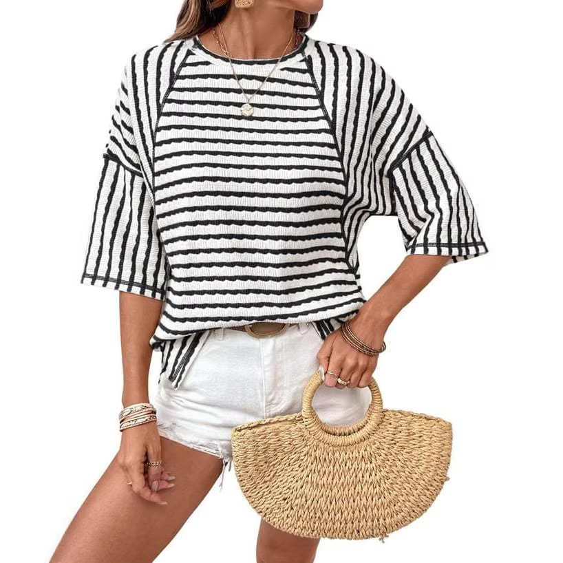Women's Casual Striped Short Sleeve T-Shirt - Relaxed Fit, Round Neck, Color Block Design, Breathable Polyester Fabric_voghion.com