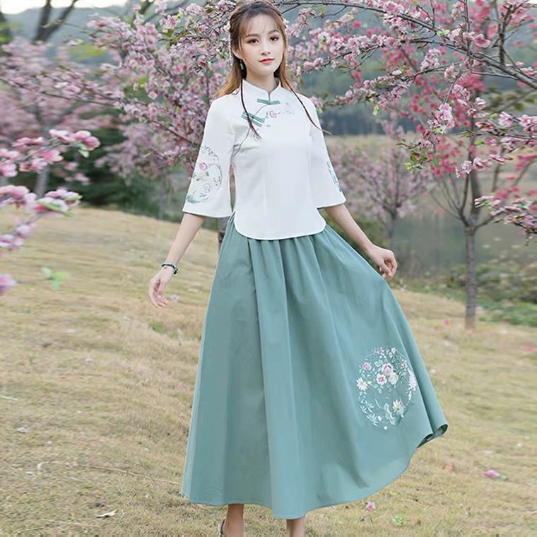 24 летнего нового Hanfu свежий семицентный рукав конопляный хлопок с вышивкой женские топы