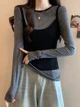 大码女装秋季新款胖mm韩版小众修身显瘦针织T恤叠穿吊带两件套装