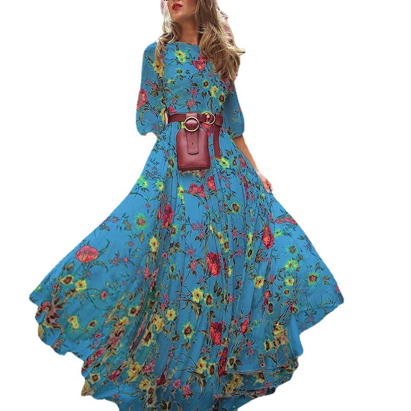 Robe ceinture transfrontalière à imprimés européens et américains, style bohème, col rond, manches trois-quarts, jupe longue._voghion.com