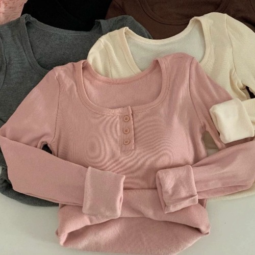 PINK FLOCKED COTTON LAYERED TOP women's autumn winter short sleeve warm innerwear T-shirt with square collar and ribbed shoulder