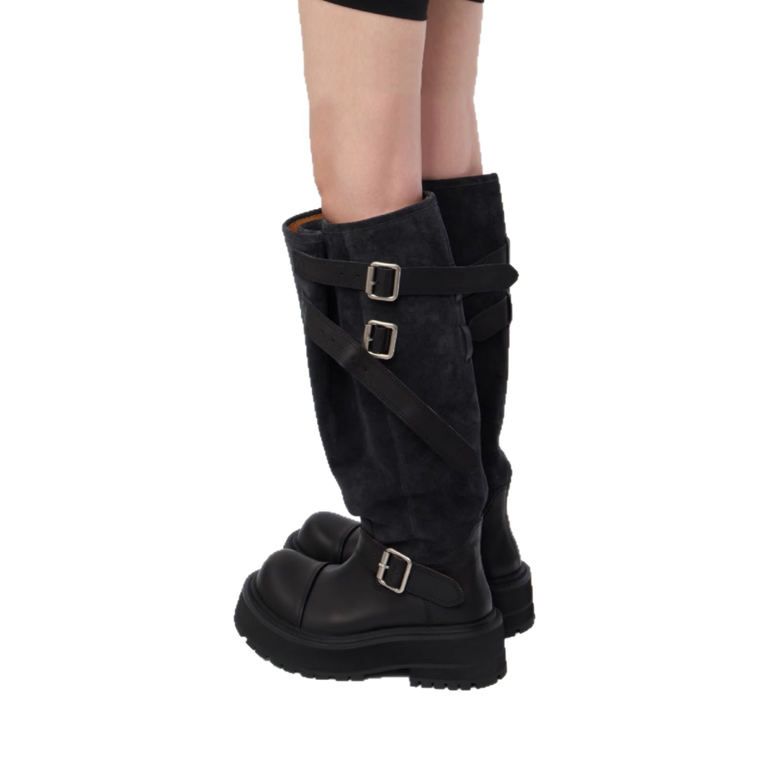 chunky-heeled Suede Boots For Women, Featuring Wrinkled Wide Cuffs And A Slip-on Waistband Buckle. 2025 Fall/Winter New Fashionable ._voghion.com