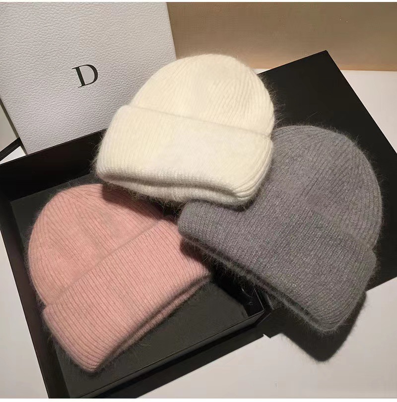 Wool Cap Hats Type Japanese High-End New Rabbit Fur Knitted Woolen Cap Women's Fashion Autumn Winter Japanese Beanie Hat Thermal Head Cover Knitted Hat