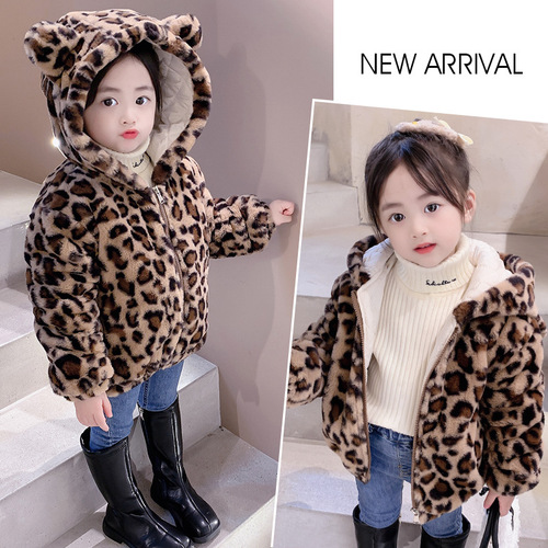 Children's Fashion 2024 New Leopard Print Wool Cashmere Cardigan with Cotton Outerwear Children's Winter Warm Fleece Top Winter Clothing