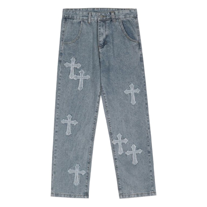 Nacional de moda High Street Cross Patch jeans hombres marca de moda hip hop Ruan Shuai calle frita recta suelta pierna ancha pantalones largos