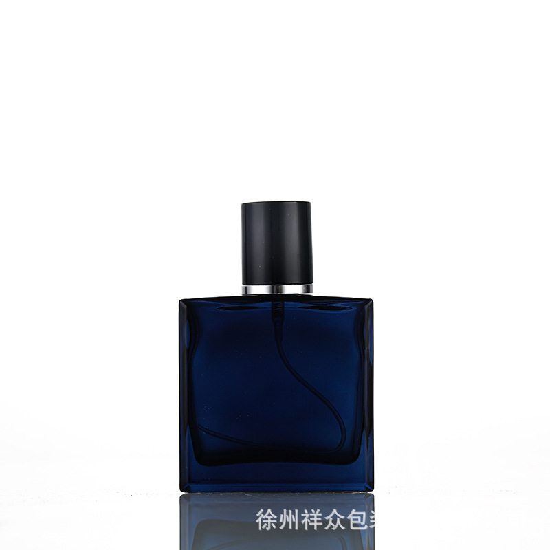 Botella de perfume de bayoneta de color de alta gama botella de vidrio de fondo grueso botella de vidrio de color degradado botella de vidrio cuadrado plano negro dividida en 100 m