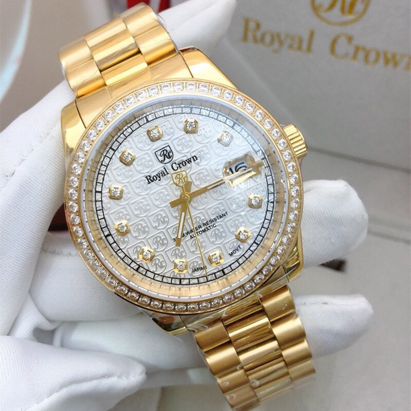 Royal Crown men's diamond-encrusted waterproof automatic mechanical watch calendar steel band men's watch