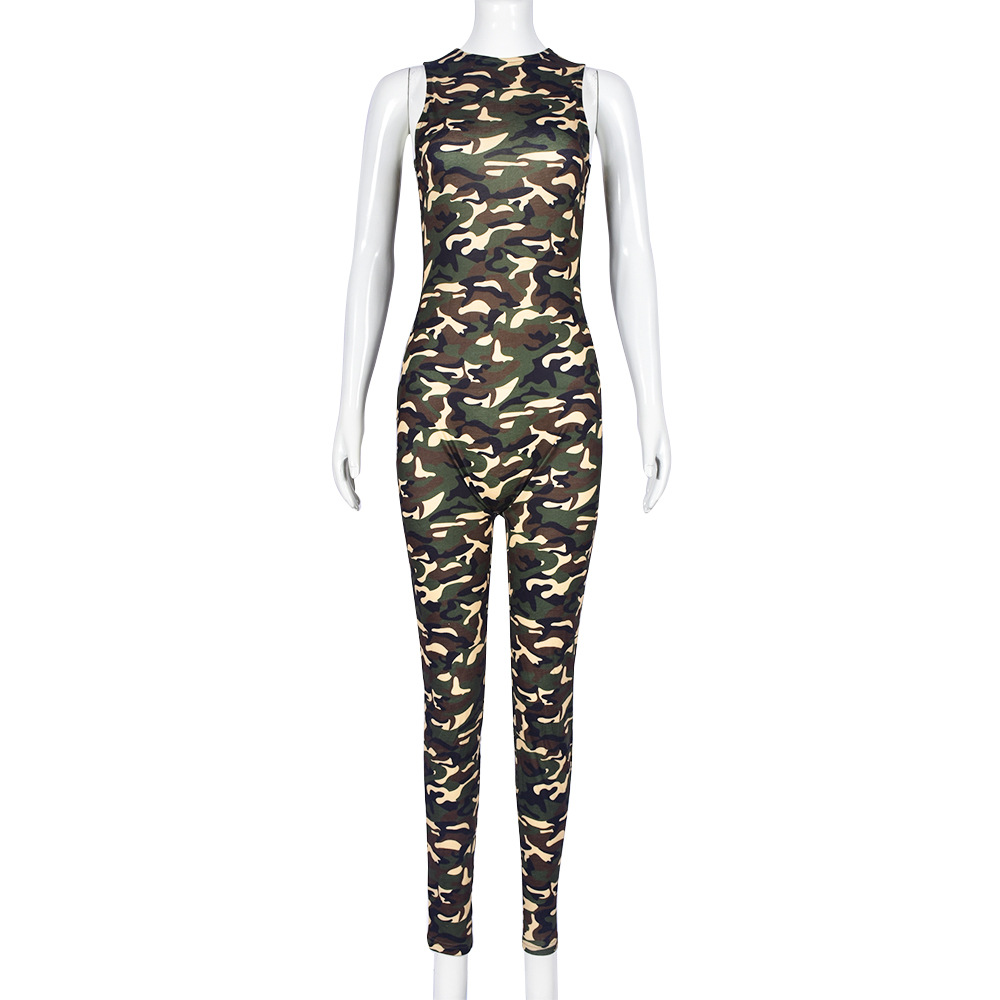 Autumn Winter Camouflage Sexy round Neck One Piece Sleeveless Long Tight Jumpsuit