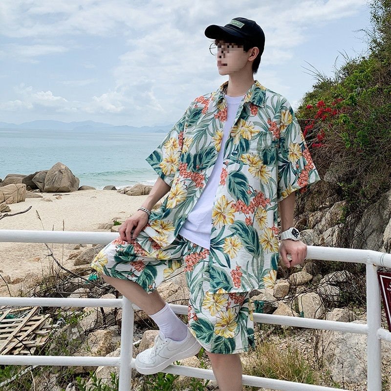 Hainan Island Short-Sleeve Men's Quick-Dry Shirt Trendy Plus-Size Floral Beach Casual Shorts Couple Matching Two-Piece Set