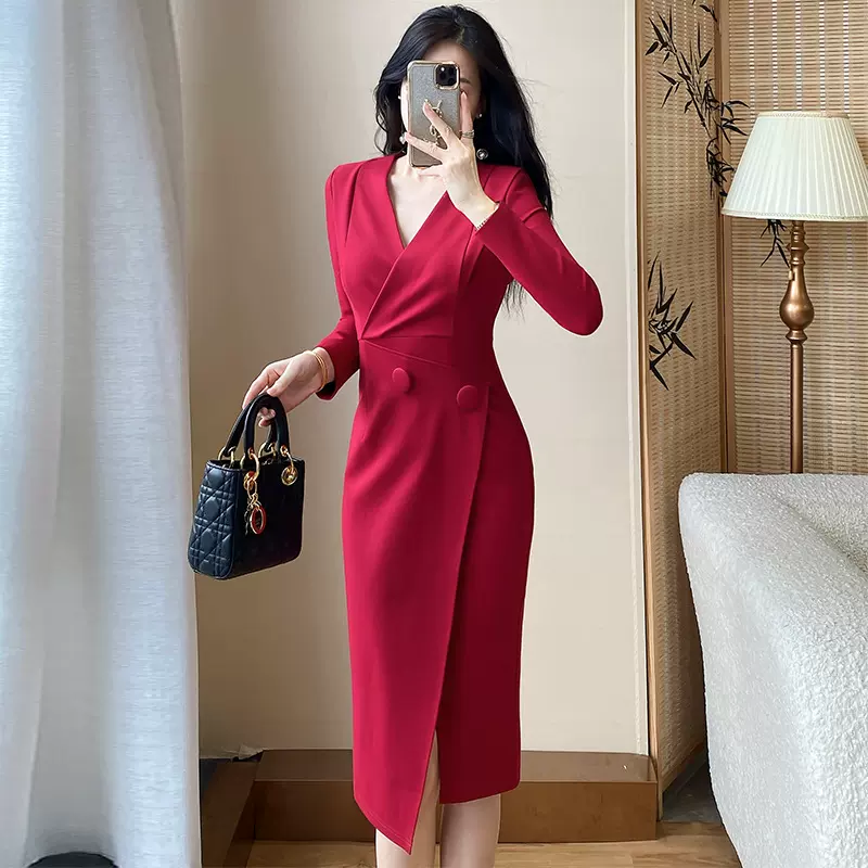 22212024红色连衣裙长袖女装开叉包臀裙子不低于258显瘦拼接设计