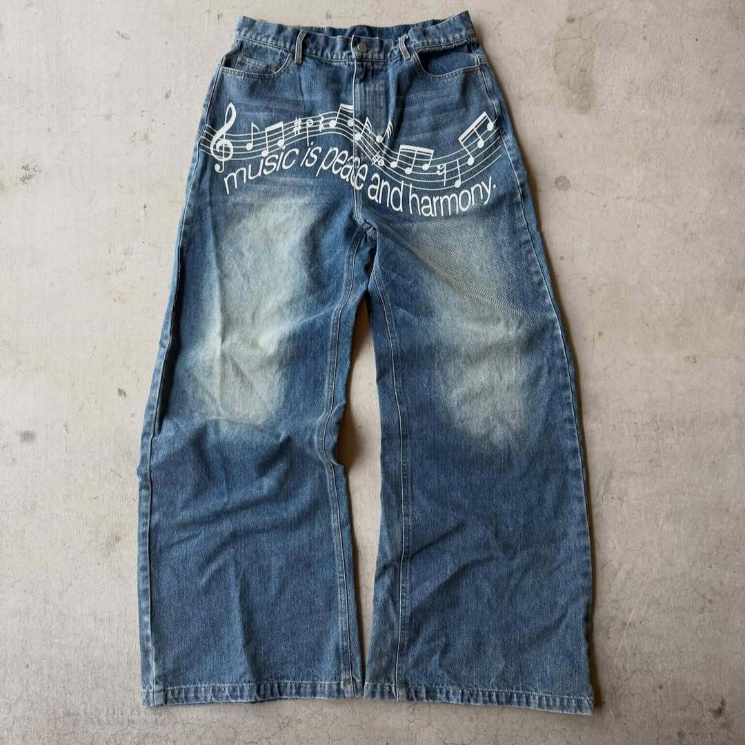 Cross-border American Retro Letter Print For Women, Washed Loose Straight-leg Jeans, Baggy Jeans_ecoleips.com