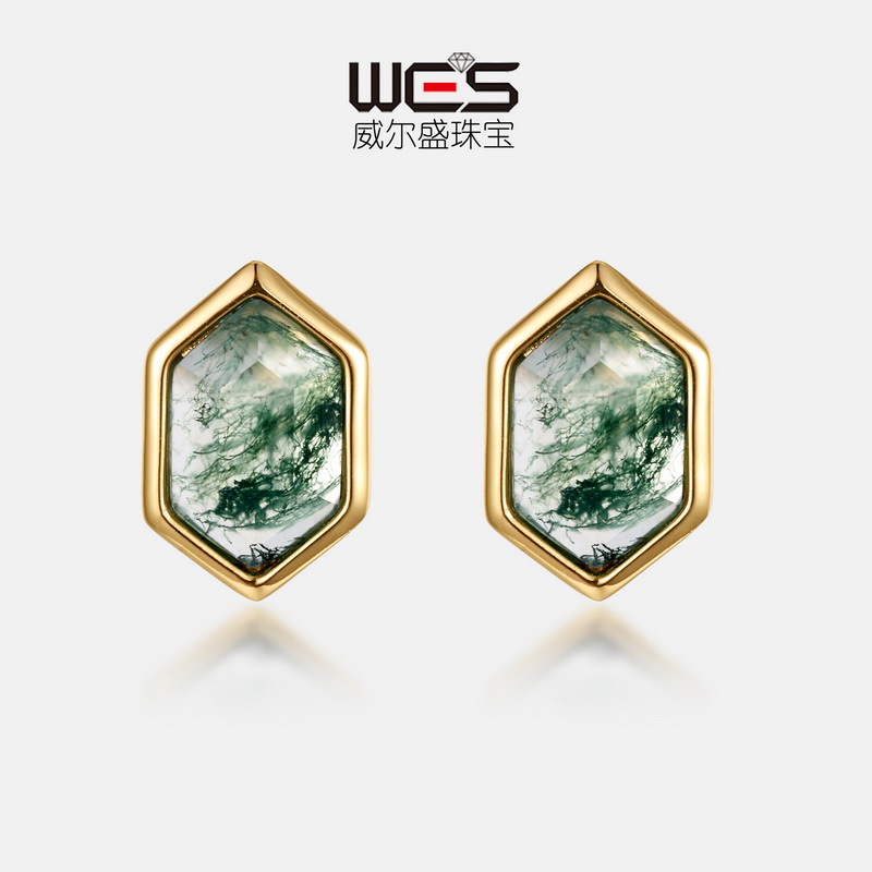 Pendientes de piedra de musgo verde natural geométrico transfronterizo para mujer S925 Pendientes de ágata de hierba de agua hexagonal con incrustaciones de plata, lujo simple y ligero
