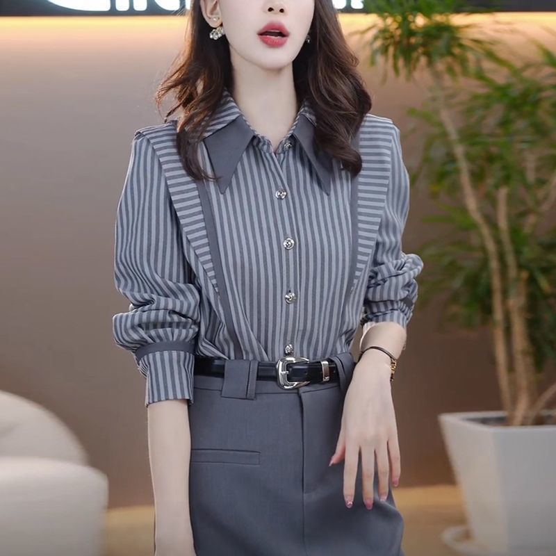 长袖条纹衬衫女士2025早秋季新款时尚减龄气质休闲显瘦设计感上衣|undefined