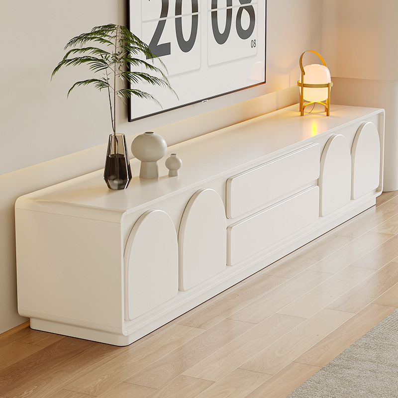 French Cream Style Tv Cabinet Coffee Table Combination Modern Simple White Rounded Corner Living Room Home Small Apartment Floor-Standing