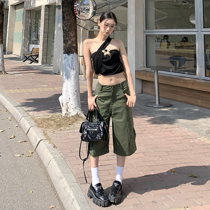 [Design sense two-wear] detachable two-wear Army Green casual cropped shorts multi-pocket cargo pants women's trousers