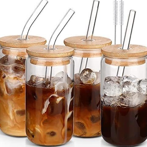 Glass Straw with Bamboo Lid Drinking Cup Beer Ice Coffee Cup Cute Glass Soda Boba Tea Cocktail