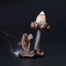 紫铜色荷花倒流香鲤鱼室内摆件年年有鱼装饰工艺品香炉鱼戏莲香