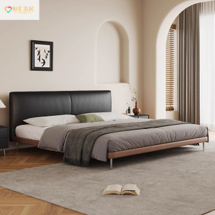 Vintage Genuine Leather Light Luxury Modern Bedside Minimalist Simple Black Solid Wood Soft Bag Tofu Block Master Bedroom Double Bed