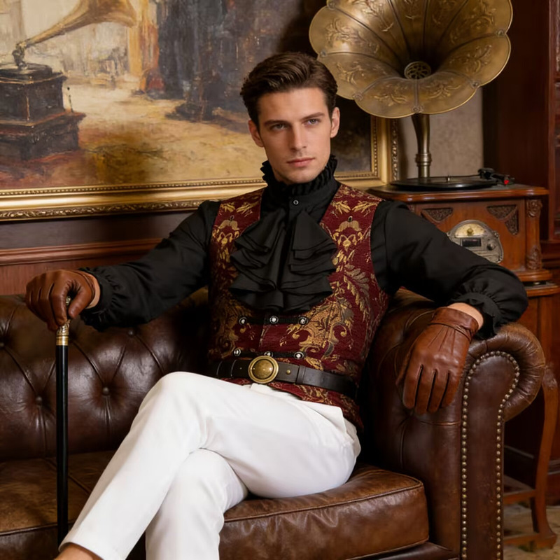 New Christmas European and American Retro Jacquard Men's Vest, Palace-Style Sleeveless Vest, Ruffled Shirt, Business Attire