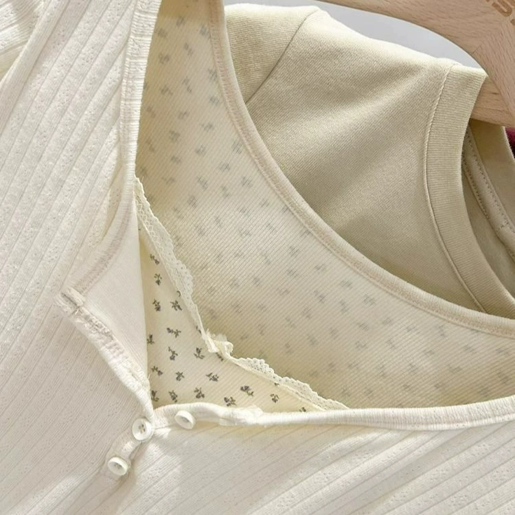 Осенний слойный топ‑сет, узкий крой, ребристая ткань, цветочный внутренний слой, бежевый (S–XL)