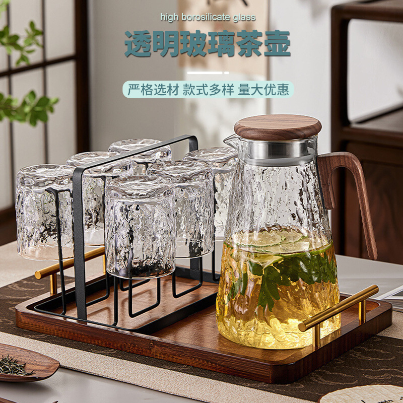 高硼硅玻璃茶壶家用锤纹中式胡桃木把冷水壶凉水壶水杯套装耐高温