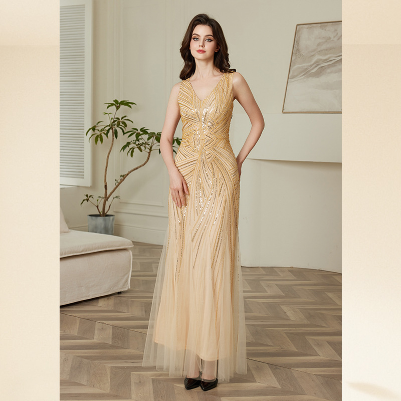 Paillettenkleid, elegantes Abendkleid, europäischer und amerikanischer Stil, tailliertes Partykleid, langes Kleid_voghion.com