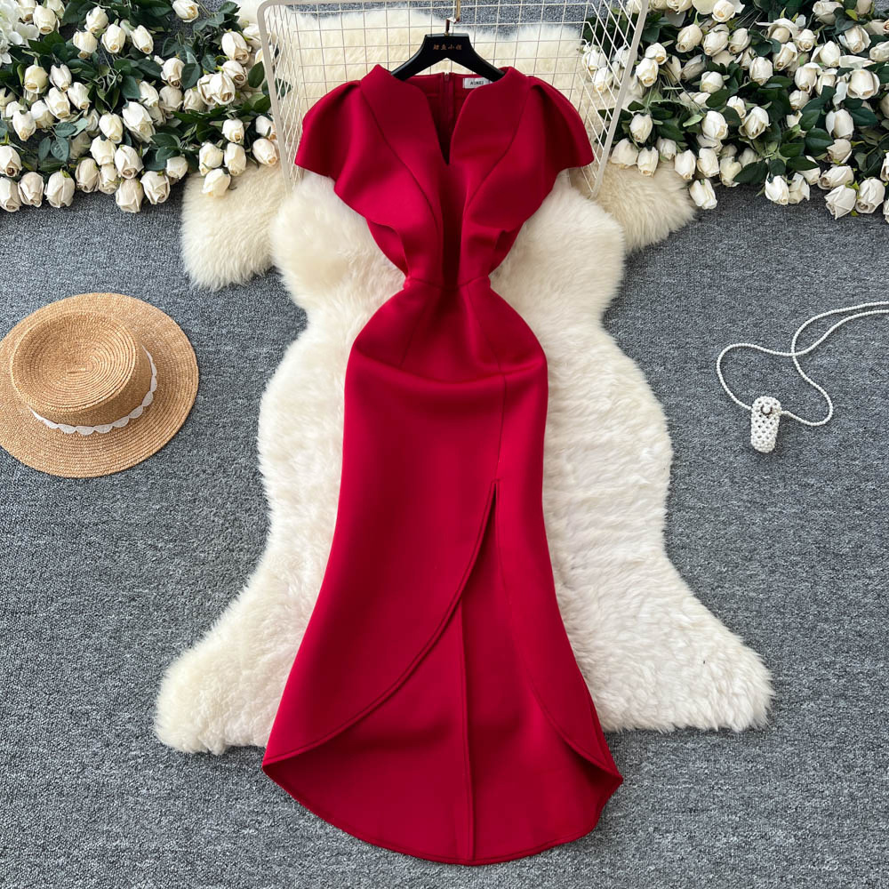 Carefully Selected European and American Fashionable Dresses for Women, Light Luxury Ladies, Ruffled Patchwork, Waist Slit, Irregular Fishtail Dress