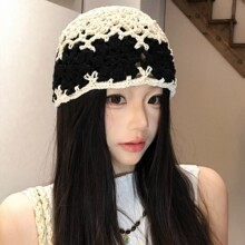 韩系撞色复古镂空花朵针织帽女春夏棉线手钩包头帽时髦百搭冷帽潮