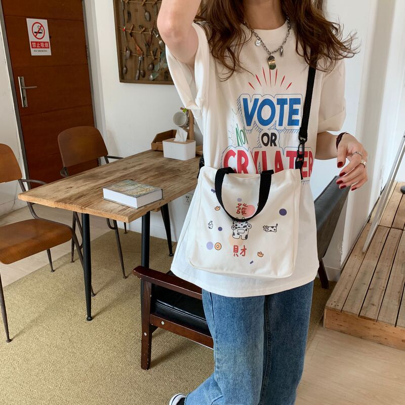 12251 学院风印花可爱卡通帆布包包韩国ins风少女学生手提斜挎包|undefined