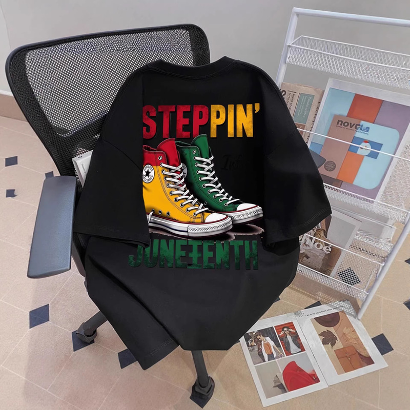 Juneteenth Liberation Day Canvas Shoe Print Short-Sleeve T-Shirt 2026 Summer New American-Style Loose Black Top